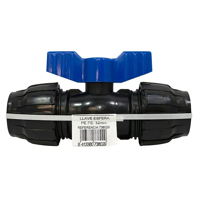Válvula esférica PE para riego - Diámetro: 32 mm, Polietileno - Primer plano de una válvula de bola PE-PE de 32 mm con mango azul y etiqueta, ideal para fontanería.