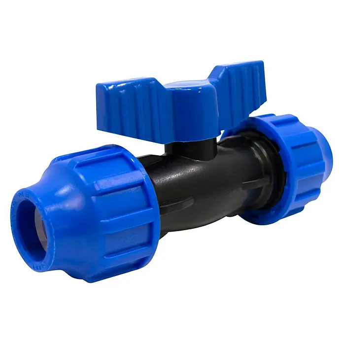 Válvula esférica PE para riego - Diámetro: 20 mm, Polietileno - Primer plano de una válvula de bola de polietileno azul sobre un fondo negro.