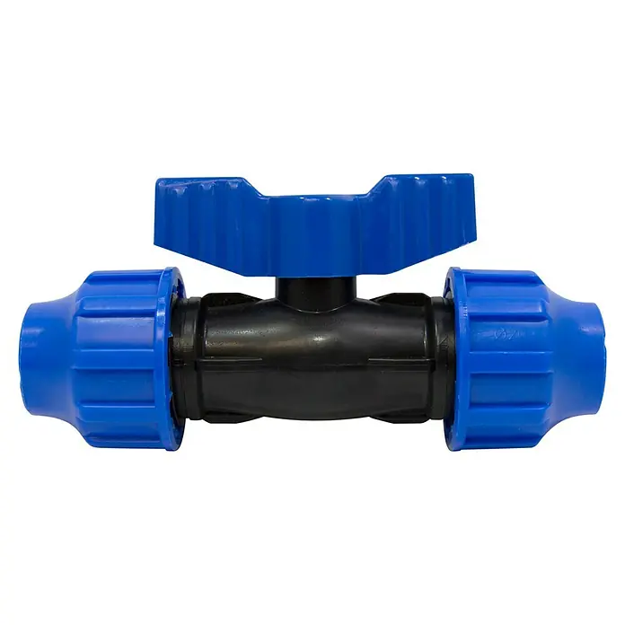 Válvula esférica PE para riego - Diámetro: 20 mm, Polietileno - Válvula de cierre azul con cuerpo negro para conexiones de tuberías, ideal para fontanería y sistemas de riego.