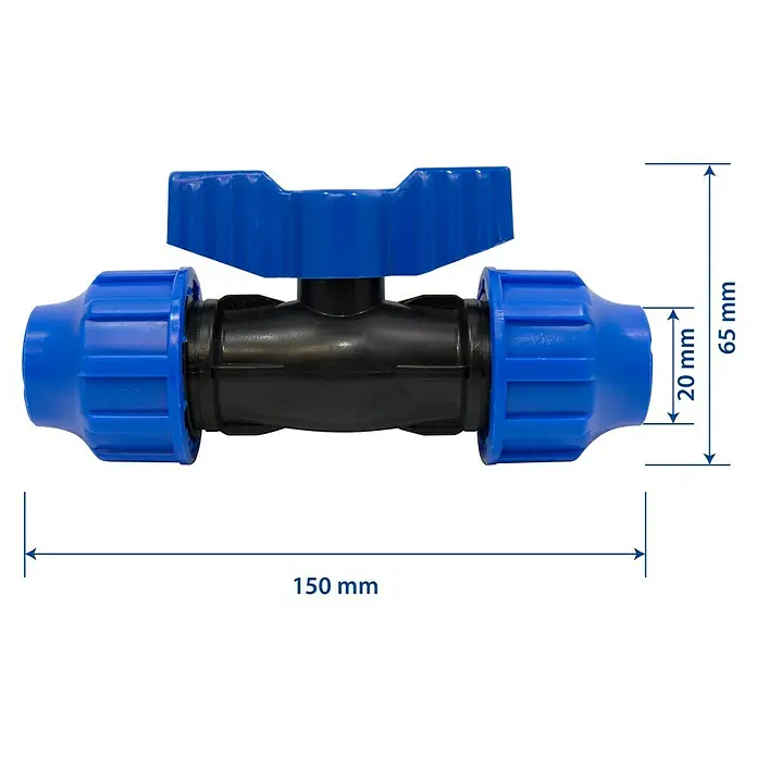 Válvula esférica PE para riego - Diámetro: 20 mm, Polietileno - La imagen muestra una llave de agua azul y negra con dimensiones de 150 mm de largo y 65 mm de alto.
