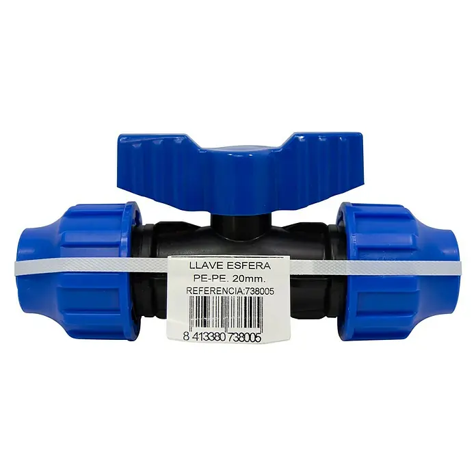 Válvula esférica PE para riego - Diámetro: 20 mm, Polietileno - Válvula de esfera azul PE-PE de 20 mm, ideal para sistemas de riego. Construcción robusta para un rendimiento fiable y larga vida útil.