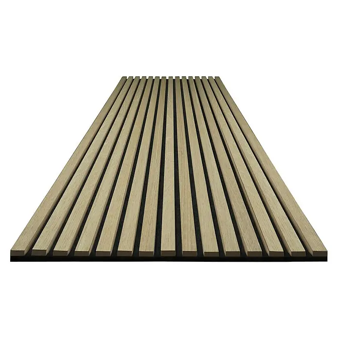 Panel acústico decorativo Premium Plus - 2,5 m x 0,6 m x 22 mm, Roble natural - Esta imagen muestra una larga fila de listones de madera marrón claro, perfectos para revestimientos de pared modernos o un elemento decorativo.