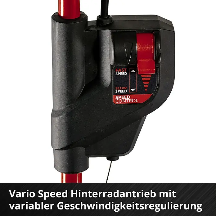 Einhell Professional Akku-Rasenmäher GP-CM 36/47 S HW Li - 18 V, 4 Akkus, 4 Ah, Schnittbreite: 47 cm - Nahaufnahme der Geschwindigkeitsregelung des Vario Speed Hinterradantriebs für variable Geschwindigkeitsregulierung.