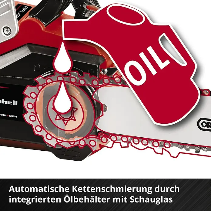 Einhell Professional Akku-Kettensäge GP-LC 36/35 Li-Solo - 36 V, Ohne Akku, Schwertlänge: 35 cm - Produktbild einer Kettensäge mit automatischer Kettenschmierung durch integrierten Ölbehälter mit Schauglas für optimale Leistung.