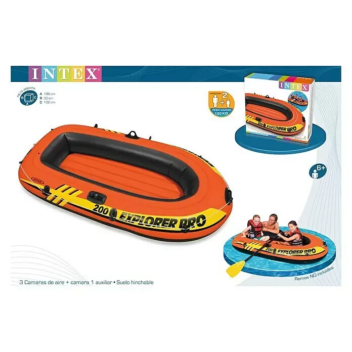 Intex Bote hinchable Explorer Pro 200 - L x An x Al: 196 x 102 x 33 cm, Apto para: 1+1 personas, Carga útil: 120 kg - Bote inflable Intex Explorer Pro 200 naranja, mostrado en uso con personas en el agua y con su embalaje.