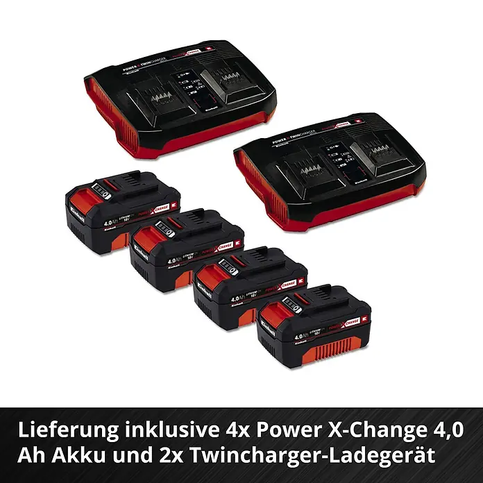 Einhell Professional Akku-Rasenmäher GP-CM 36/47 S HW Li - 18 V, 4 Akkus, 4 Ah, Schnittbreite: 47 cm - Das Bild zeigt ein Set mit vier Einhell Power X-Change 4,0 Ah Akkus und zwei Twincharger-Ladegeräten.