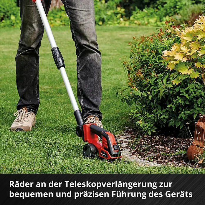 Einhell Power X-Change 18V Akku-Grasschere CE-CG18/100 LI T-SOLO - 18 V, Ohne Akku, Schnittbreite: 100 mm - Akku-Rasenkantenschneider mit Teleskopverlängerung und Rädern für präzises und bequemes Arbeiten im Garten.