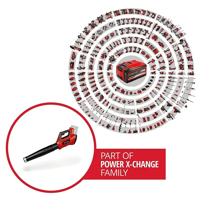 Einhell Professional Akku-Laubbläser GP-LB 36/210 Li E-Solo - 18 V, Ohne Akku, Blasgeschwindigkeit: 210 km/h, Blasleistung: 816 m³/min - Ein roter Akku-Laubbläser von Einhell, Teil der Power X-Change Familie, ideal für die Gartenarbeit. Kompakt, kabellos und benutzerfreundlich.