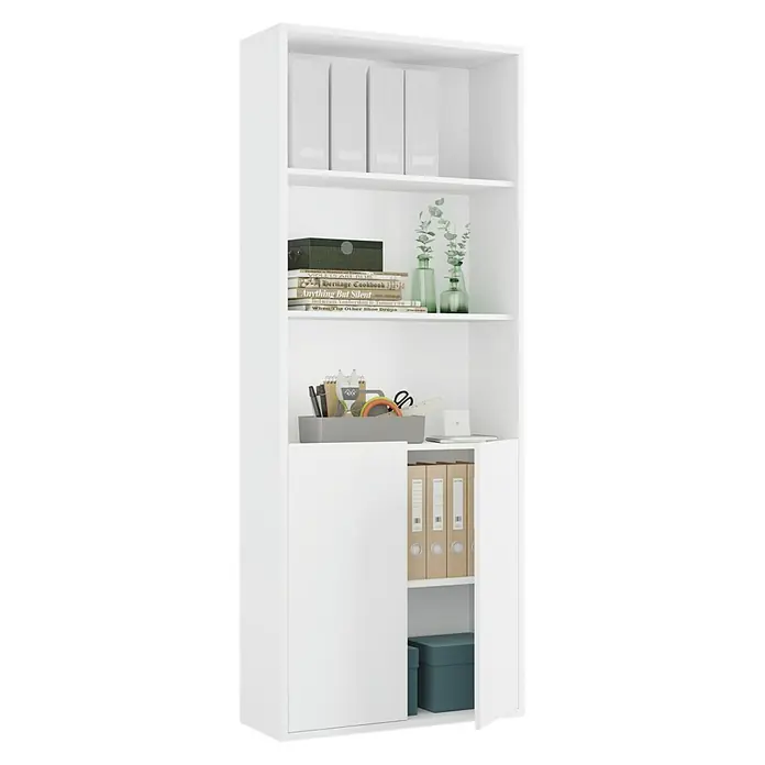 Muebles Pitarch Estantería de madera - Al x An x Pr: 196,5 x 75,5 x 33 cm, Número de baldas: 4 ud., Blanco, Número de puertas: 2 ud. - Una estantería blanca con compartimentos abiertos y cerrados, llena de libros, carpetas y objetos decorativos para una oficina elegante.