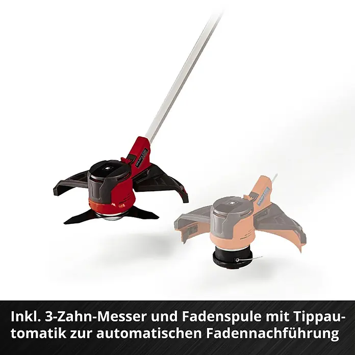 Einhell Power X-Change 18V Akku-Motorsense 36/255 BL-SOLO - 36 V, Li-Ionen, Ohne Akku - Abbildung eines Rasentrimmers mit 3-Zahn-Messer und Fadenspule mit Tippautomatik für automatische Fadennachführung.
