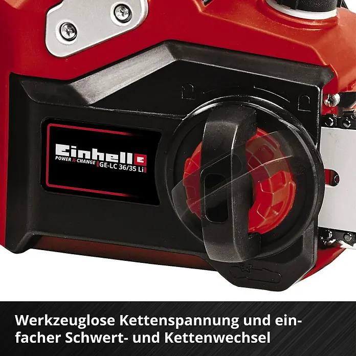 Einhell Professional Akku-Kettensäge GP-LC 36/35 Li-Solo - 36 V, Ohne Akku, Schwertlänge: 35 cm - Nahaufnahme einer Einhell GE-LC 36/35 Li Akku-Kettensäge mit werkzeugloser Kettenspannung und einfachem Schwert- und Kettenwechsel.