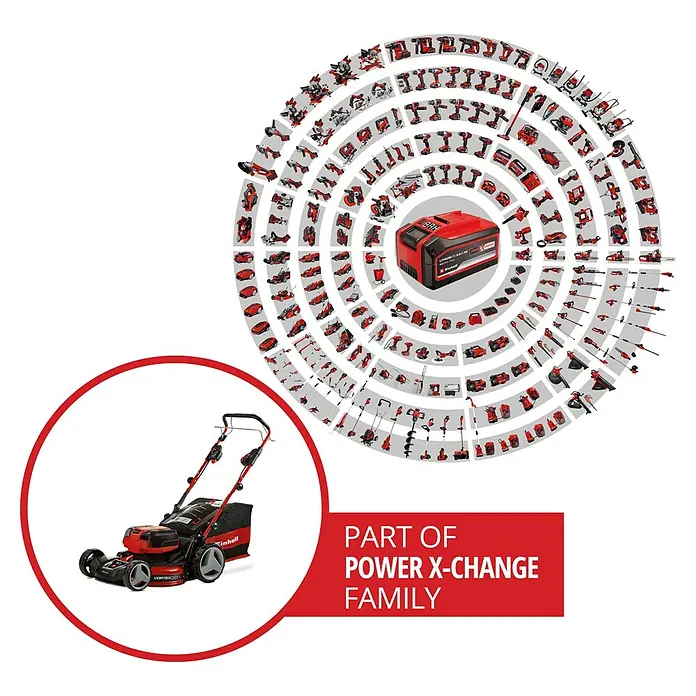 Einhell Professional Akku-Rasenmäher GP-CM 36/47 S HW Li - 18 V, 4 Akkus, 4 Ah, Schnittbreite: 47 cm - Abbildung des Einhell Akku-Rasenmähers, Teil der Power X-Change Familie, mit einem kreisförmigen Arrangement vieler Produkte.