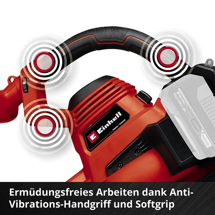 Einhell Power X-Change 18V Akku-Laubsauger & -Laubbläser 36/230 LI E-SOLO - 18 V, Ohne Akku, Blasleistung: 225 m³/h, Blasgeschwindigkeit: 230 km/h - Produktbild des Einhell Akku-Laubsaugers/-bläsers mit Anti-Vibrations-Handgriff und Softgrip für ermüdungsfreies Arbeiten.