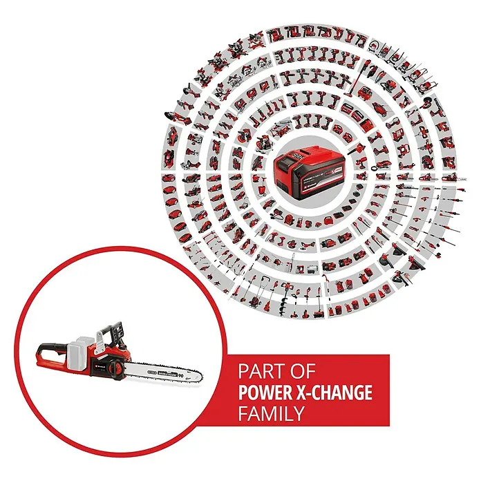 Einhell Professional Akku-Kettensäge GP-LC 36/35 Li-Solo - 36 V, Ohne Akku, Schwertlänge: 35 cm - Abbildung eines Einhell Akku-Kettensägen-Sets, das Teil der Power X-Change-Familie ist.