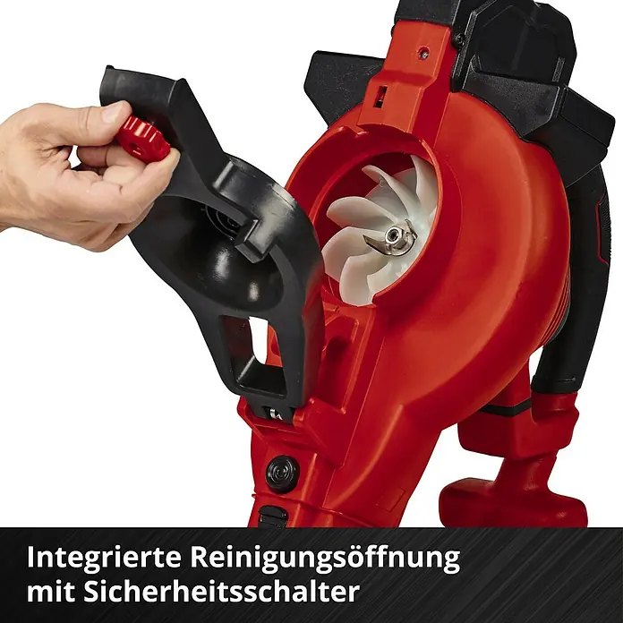 Einhell Power X-Change 18V Akku-Laubsauger & -Laubbläser 36/230 LI E-SOLO - 18 V, Ohne Akku, Blasleistung: 225 m³/h, Blasgeschwindigkeit: 230 km/h - Detailaufnahme eines roten Laubbläsers mit geöffneter Reinigungsöffnung und Sicherheitsschalter.