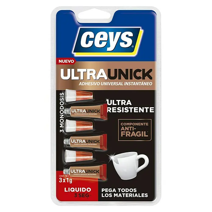 Ceys Adhesivo instantáneo Superunik monodosis - Transparente - Un blíster con tres tubos de adhesivo universal Ceys Ultra Unick para arreglos rápidos, ideal para el hogar y el hobby, con fórmula anti-frágil.