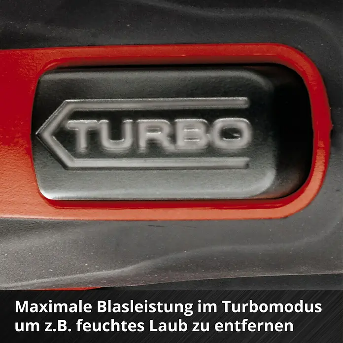 Einhell Professional Akku-Laubbläser GP-LB 36/210 Li E-Solo - 18 V, Ohne Akku, Blasgeschwindigkeit: 210 km/h, Blasleistung: 816 m³/min - Nahaufnahme der Turbo-Funktion eines Geräts, um maximale Leistung zu erzielen. Ideal zum Entfernen von Laub.