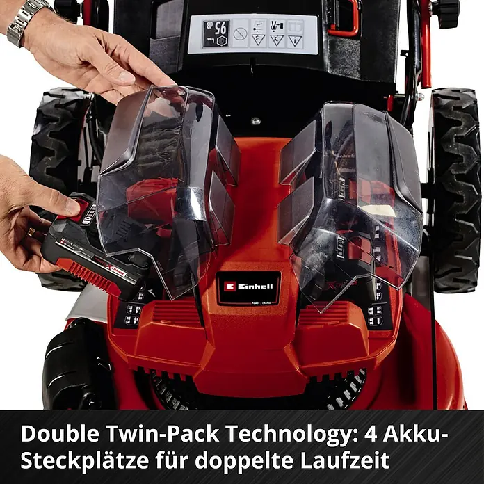 Einhell Professional Akku-Rasenmäher GP-CM 36/47 S HW Li - 18 V, 4 Akkus, 4 Ah, Schnittbreite: 47 cm - Nahaufnahme des Einhell Akku-Rasenmähers mit Doppel-Twin-Pack Technologie.