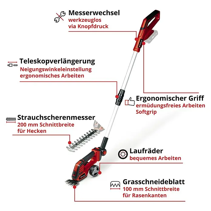 Einhell Power X-Change 18V Akku-Grasschere CE-CG18/100 LI T-SOLO - 18 V, Ohne Akku, Schnittbreite: 100 mm - Akku-Gras- und Strauchschere mit Teleskopverlängerung, Messerwechsel per Knopfdruck, ergonomischem Griff und Rädern für bequemes Arbeiten.