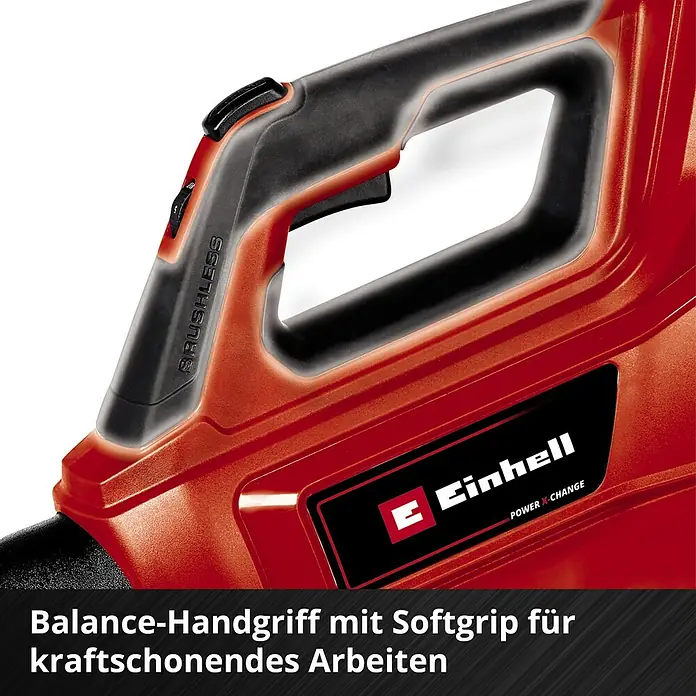 Einhell Professional Akku-Laubbläser GP-LB 36/210 Li E-Solo - 18 V, Ohne Akku, Blasgeschwindigkeit: 210 km/h, Blasleistung: 816 m³/min - Nahaufnahme eines roten Einhell Akku-Laubbläsers mit bürstenlosem Motor und Power X-Change Akku-System.