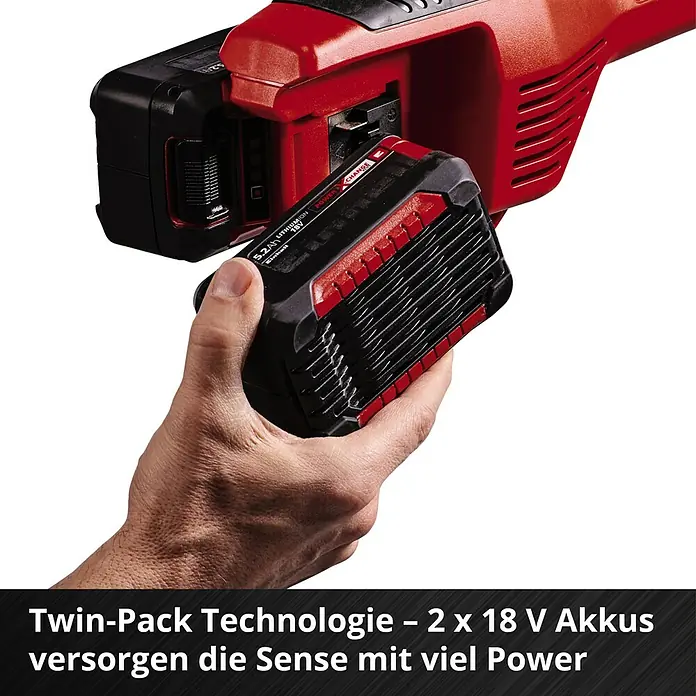 Einhell Power X-Change 18V Akku-Motorsense 36/255 BL-SOLO - 36 V, Li-Ionen, Ohne Akku - Nahaufnahme eines Einhell 18V Akkus, der in ein rotes Elektrowerkzeug eingesetzt wird. Twin-Pack Technologie für mehr Power.