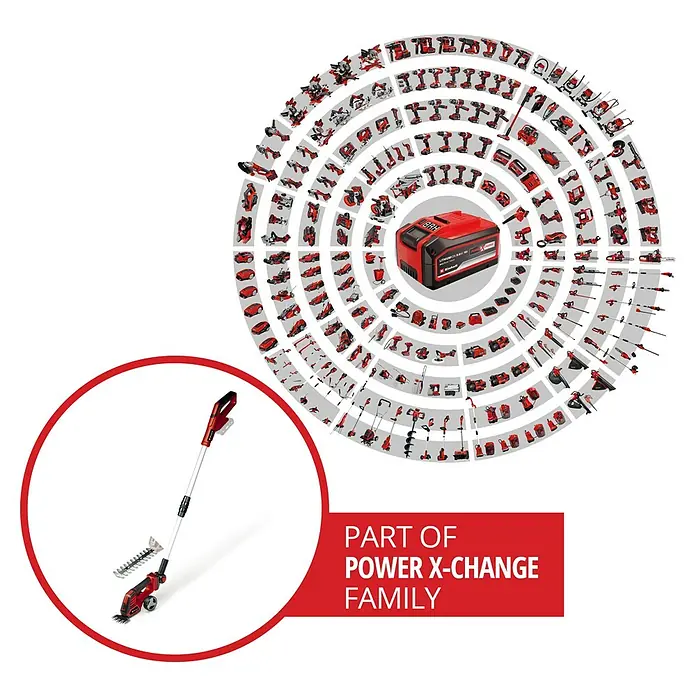 Einhell Power X-Change 18V Akku-Grasschere CE-CG18/100 LI T-SOLO - 18 V, Ohne Akku, Schnittbreite: 100 mm - Das Bild zeigt ein Werkzeug aus der Power X-Change Familie, ein Akku-Rasentrimmer. Es ist in einem Kreis angeordnet mit anderen Geräten.