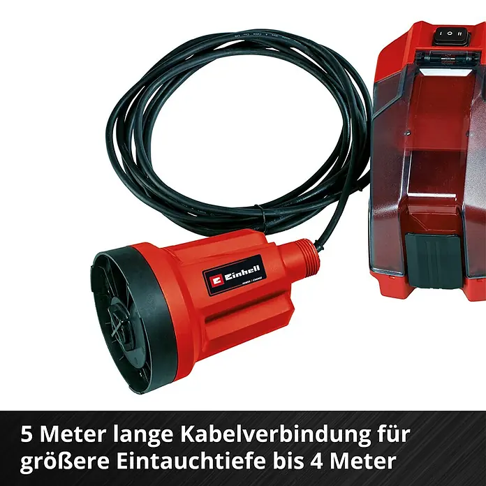 Einhell Power X-Change 18V Akku-Klarwasserpumpe GE-SP 18 LL Li - Solo - 18 V, Ohne Akku, Max. Fördermenge: 4.500 l/h - Das Bild zeigt eine Einhell-Tauchpumpe mit einem 5 Meter langen Kabel für eine Eintauchtiefe von bis zu 4 Metern.
