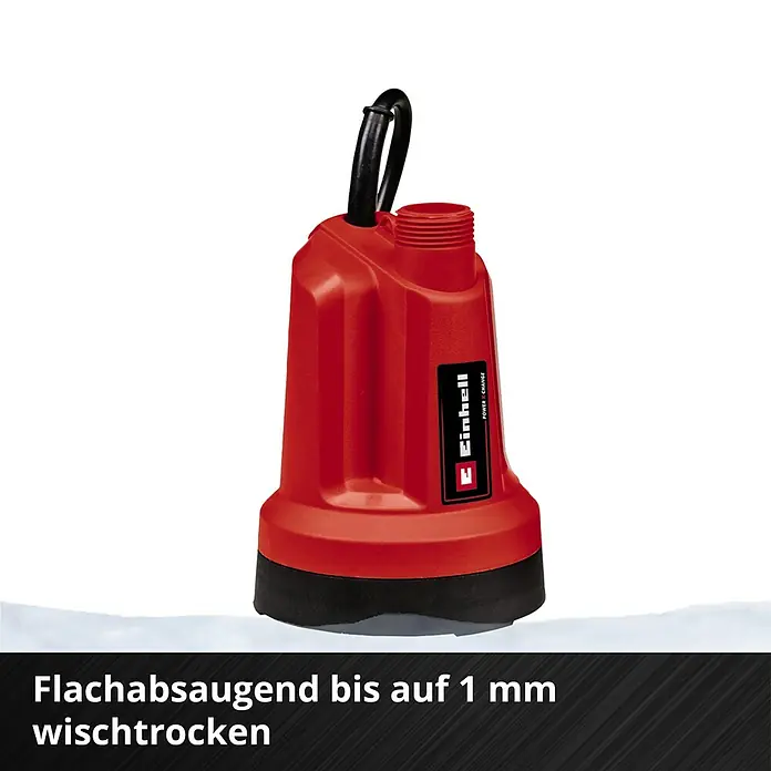 Einhell Power X-Change 18V Akku-Klarwasserpumpe GE-SP 18 LL Li - Solo - 18 V, Ohne Akku, Max. Fördermenge: 4.500 l/h - Rote Einhell Flachsaugpumpe für Restwasserentfernung bis 1 mm. Kompaktes Design mit schwarzem Kabel und Einhell Logo.