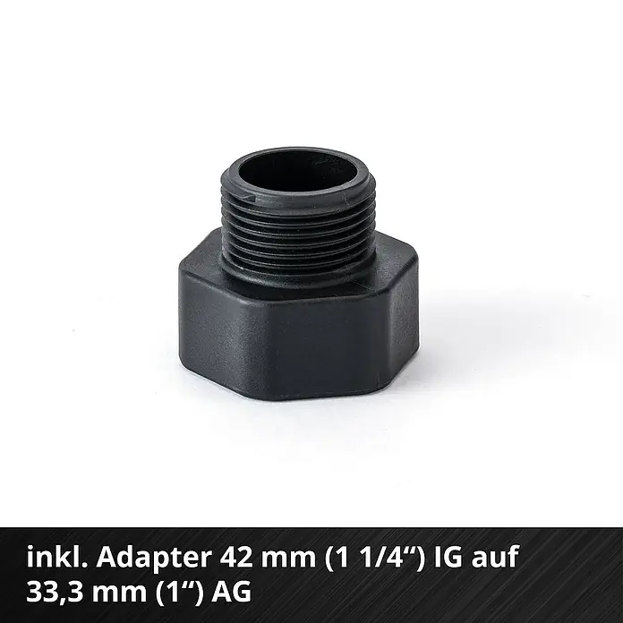 Einhell Power X-Change 18V Akku-Gartenpumpe AQUINNA 36/30 - Ohne Akku, Max. Fördermenge: 3.000 l/h - Schwarzer Adapter 42 mm (1 1/4") IG auf 33,3 mm (1") AG, ideal für Sanitär- und Heizungsinstallationen.