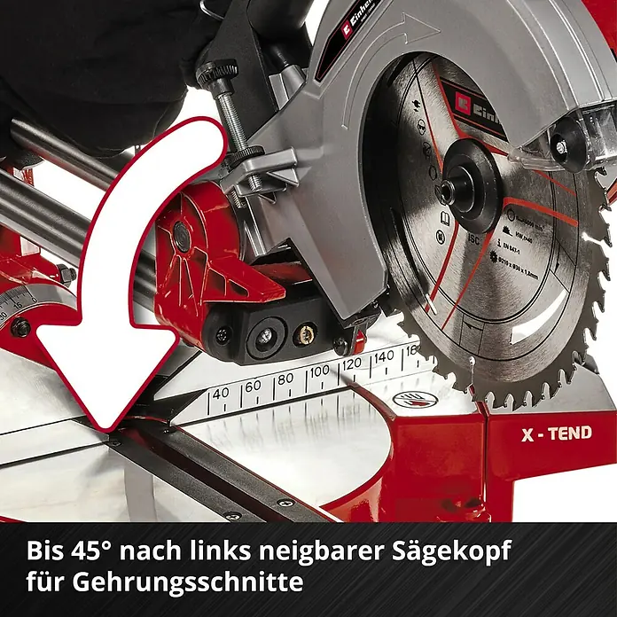 Einhell Power X-Change 18V Akku-Kapp- & Gehrungssäge TE-SM 36/210 Li-Solo - 36 V, Ohne Akku, 3.800 U/min - Die Einhell Kapp- und Gehrungssäge mit neigbarem Sägekopf für präzise Gehrungsschnitte bis 45 Grad nach links.