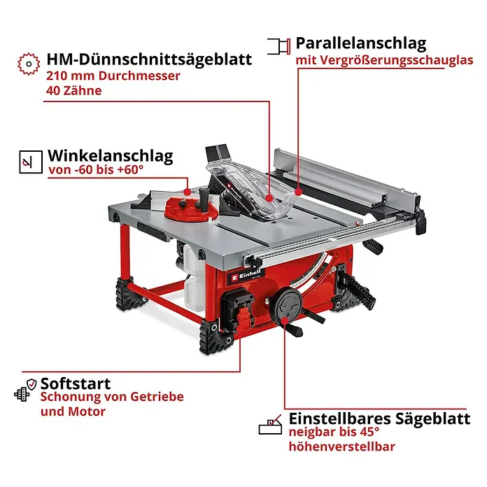 Einhell Power X-Change 18V Akku-Tischkreissäge TE-TS 36/210 Li-Solo - 36 V, Ohne Akku, Durchmesser Sägeblatt: 210 mm - Abbildung einer Einhell Tischkreissäge mit verschiedenen Funktionen wie HM-Dünnschnittsägeblatt und einstellbarem Sägeblatt.