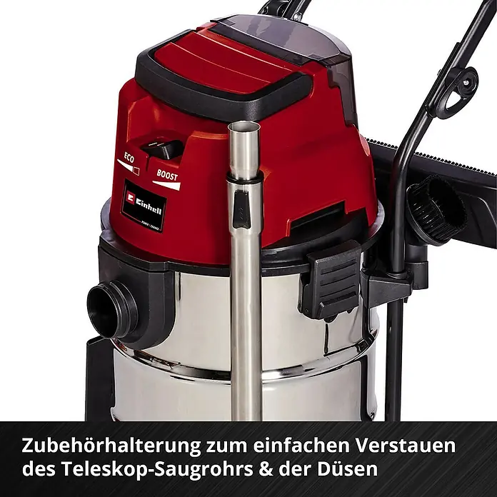 Einhell Power X-Change 18V Akku-Nass-Trockensauger TE-VC 36/30 Li S-Solo - 18 V, Ohne Akku, Behältervolumen: 30 l - Bild von einem Einhell Nass-Trockensauger mit Zubehörhalterung zur einfachen Aufbewahrung des Teleskoprohrs und der Düsen.