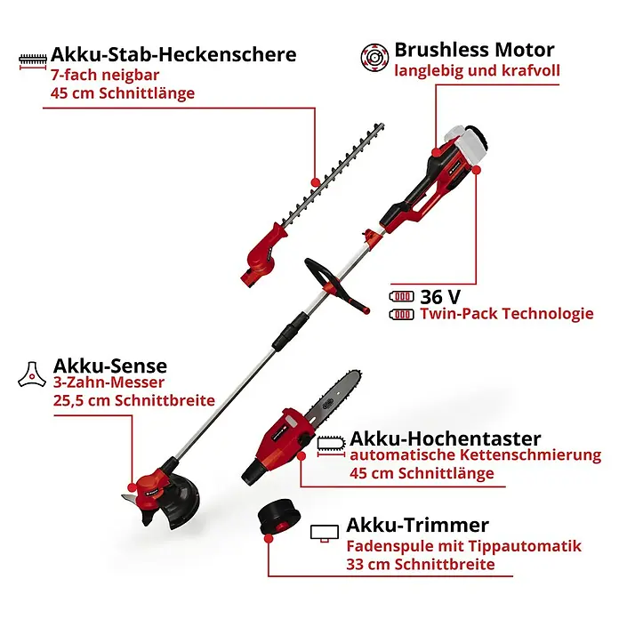 Einhell Power X-Change 18V Multigartengerät GE-LM 36/4in1 Li-Solo - 36 V, Li-Ionen, Ohne Akku - Das Bild zeigt einen Akku-Stab-Heckenschere, eine Akku-Sense, einen Akku-Hochentaster und einen Akku-Trimmer, alle mit dem Brushless Motor.