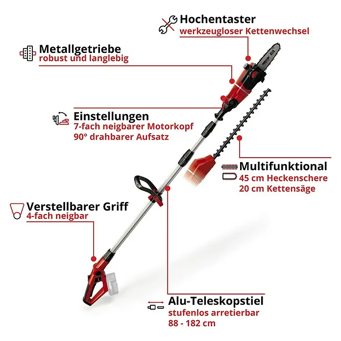 Einhell Power X-Change 18V Akku-Multifunktionswerkzeug GE-HC 18 Li T-Solo - 18 V, Li-Ionen, Ohne Akku, Schnittlänge: 40 cm - Abbildung eines multifunktionalen Hochentasters mit robustem Metallgetriebe, werkzeuglosem Kettenwechsel und verstellbarem Teleskopstiel.