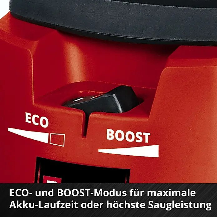 Einhell Power X-Change 18V Akku-Nass-Trockensauger TE-VC 36/30 Li S-Solo - 18 V, Ohne Akku, Behältervolumen: 30 l - Nahaufnahme des ECO- und Boost-Modus Schalters eines Einhell Produkts zur maximalen Akku-Laufzeit oder Saugleistung.