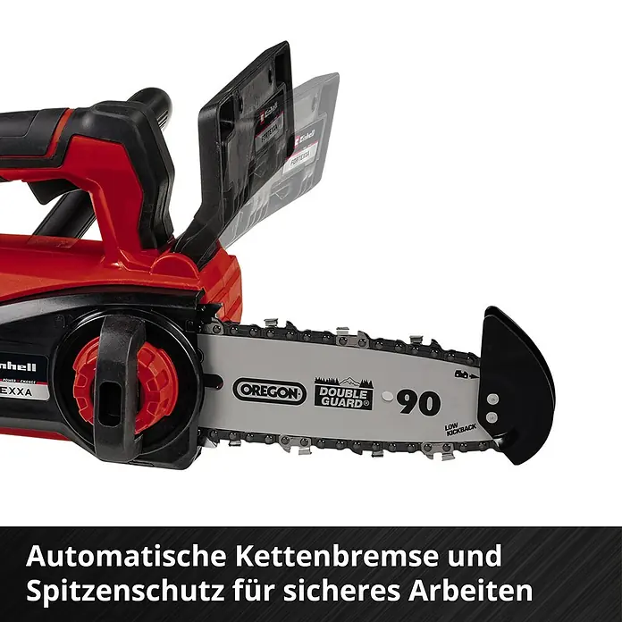 Einhell Professional Akku-Kettensäge FORTEXXA 18/20 TH - 18 V, 2,5 Ah, Li-Ionen, Ohne Akku, Schwertlänge: 20 cm - Abbildung einer Einhell Akku-Kettensäge FORTEXXA mit Oregon Schwert, Doppel- und Spitzenschutz für sicheres Arbeiten.
