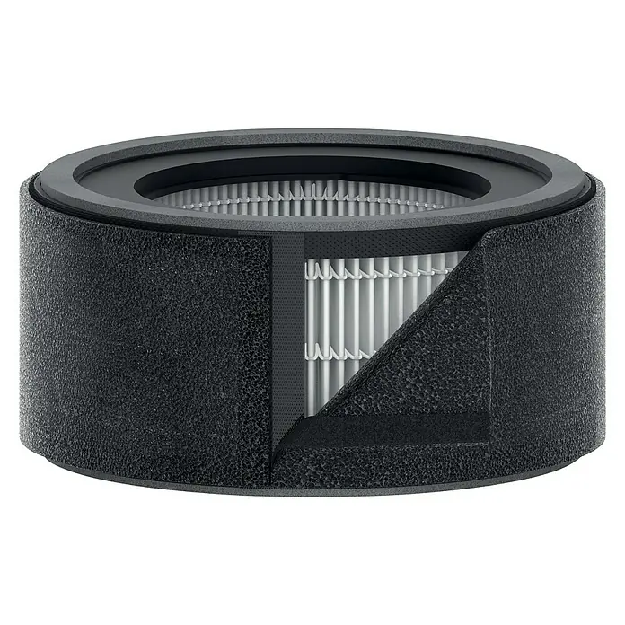 Leitz TruSens HEPA-Filter 2-in-1 - 18,5 x 18,5 x 9,5 cm, Passend für: TruSens Luftreiniger Z-1000 - Nahaufnahme eines runden Luftreinigungsfilters mit mehreren Schichten und schwarzem Äußeren für hochwertige Luftreinigung im Innenbereich.