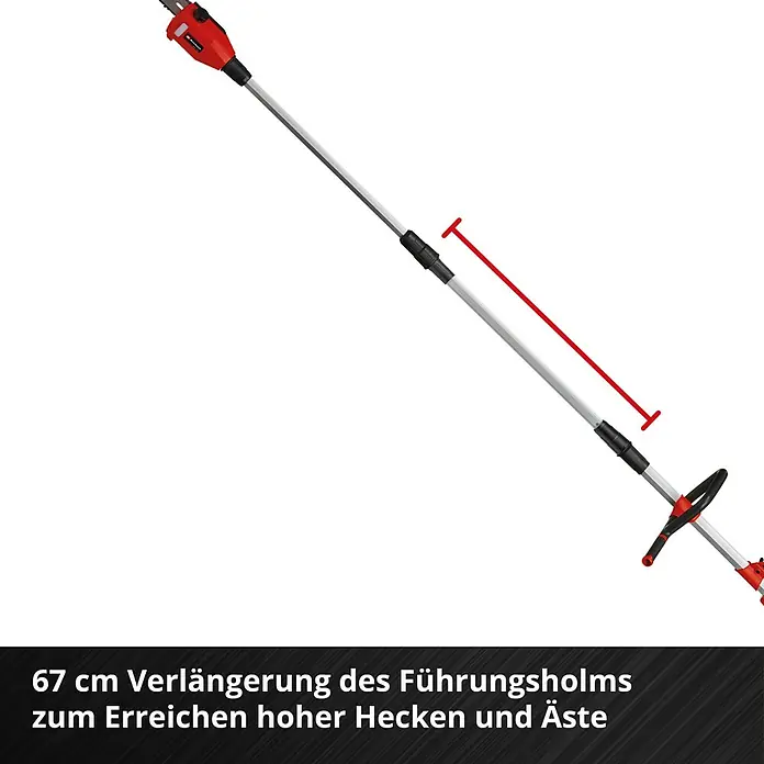 Einhell Power X-Change 18V Multigartengerät GE-LM 36/4in1 Li-Solo - 36 V, Li-Ionen, Ohne Akku - Bild eines Einhell Hochentasters mit 67 cm Verlängerung des Führungsrohrs.