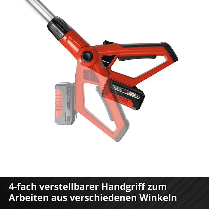 Einhell Power X-Change 18V Akku-Multifunktionswerkzeug GE-HC 18 Li T-Solo - 18 V, Li-Ionen, Ohne Akku, Schnittlänge: 40 cm - Bild einer roten Heckenschere mit verstellbarem Griff.