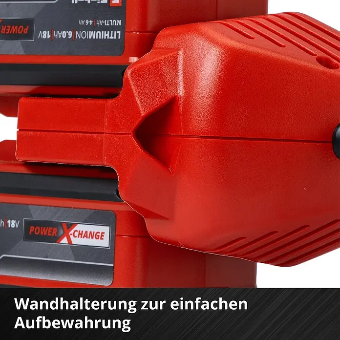 Einhell Power X-Change 18V Akku-Rasentrimmer GE-CT 36/30 Li E-Solo - 36 V, Ohne Akku - Nahaufnahme eines roten Einhell Power X-Change Akkus mit der Aufschrift „Wandhalterung zur einfachen Aufbewahrung“.