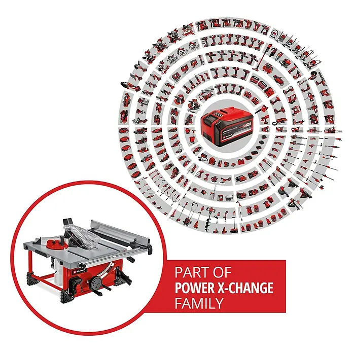 Einhell Power X-Change 18V Akku-Tischkreissäge TE-TS 36/210 Li-Solo - 36 V, Ohne Akku, Durchmesser Sägeblatt: 210 mm - Abbildung einer Einhell Tischkreissäge, Teil der Power X-Change Familie, umgeben von anderen Werkzeugen.