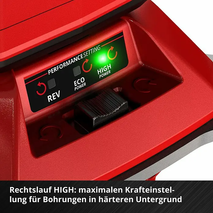 Einhell Professional Akku-Erdbohrer - 18 V, Ohne Akku, Durchmesser: 150 mm - Detailaufnahme einer Bohrmaschine mit Leistungsstufeneinstellung auf "HIGH Power" für maximale Kraft bei Bohrungen.