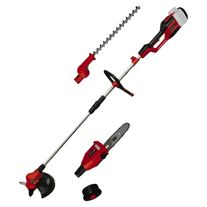 Einhell Power X-Change 18V Multigartengerät GE-LM 36/4in1 Li-Solo - 36 V, Li-Ionen, Ohne Akku - Abbildung eines Einhell Akku-Multifunktionswerkzeugs mit verschiedenen Aufsätzen, darunter Trimmer, Heckenschere und Kettensäge.