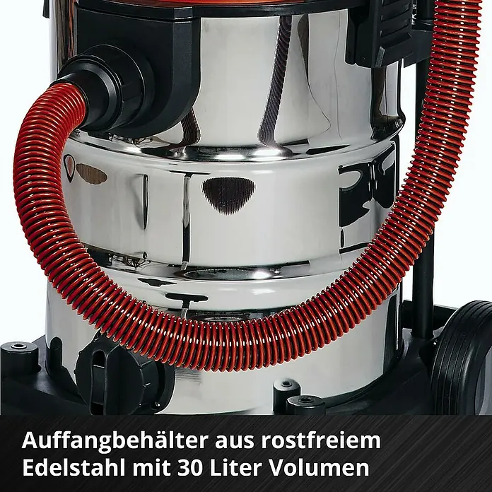 Einhell Power X-Change 18V Akku-Nass-Trockensauger TE-VC 36/30 Li S-Solo - 18 V, Ohne Akku, Behältervolumen: 30 l - Edelstahl-Mehrzwecksauger mit 30 Liter Behältervolumen und rotem Saugschlauch für vielseitige Reinigungsaufgaben.
