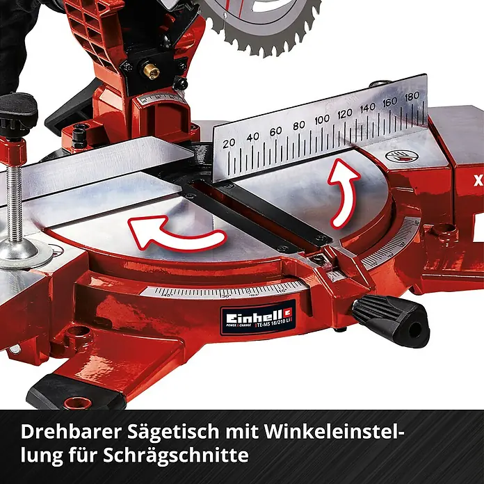 Einhell Power X-Change 18V Akku-Kapp- & Gehrungssäge TE-MS 18-210 Li-Solo - 18 V, Ohne Akku, Durchmesser Sägeblatt: 210 mm, Leerlaufdrehzahl: 3.000 U/min - Drehbarer Sägetisch mit Winkeleinstellung für Schrägschnitte der Einhell Kapp- und Gehrungssäge für präzise Schnitte.