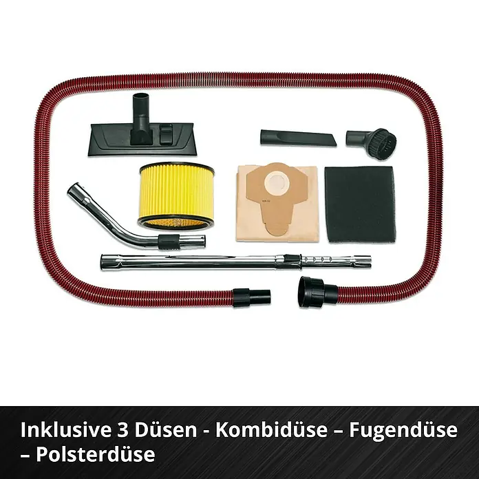 Einhell Power X-Change 18V Akku-Nass-Trockensauger TE-VC 36/30 Li S-Solo - 18 V, Ohne Akku, Behältervolumen: 30 l - Staubsaugerzubehör-Set inklusive Düsen, Filter, Teleskoprohr und Staubbeutel für eine umfassende Reinigung im Haushalt.