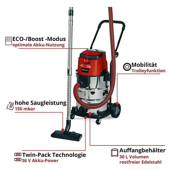 Einhell Power X-Change 18V Akku-Nass-Trockensauger TE-VC 36/30 Li S-Solo - 18 V, Ohne Akku, Behältervolumen: 30 l - Abbildung eines Einhell Akku-Nass-/Trockensaugers mit rotem Gehäuse und silberfarbenem Edelstahlbehälter, der auf seine Funktionen hinweist.