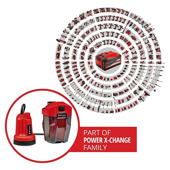 Einhell Power X-Change 18V Akku-Klarwasserpumpe GE-SP 18 LL Li - Solo - 18 V, Ohne Akku, Max. Fördermenge: 4.500 l/h - Das Bild zeigt die Einhell Akku-Schmutzwasserpumpe GC-DP 9040 N, ein leistungsstarkes Werkzeug für Haus und Garten, im Kontext der Power X-Change Familie.