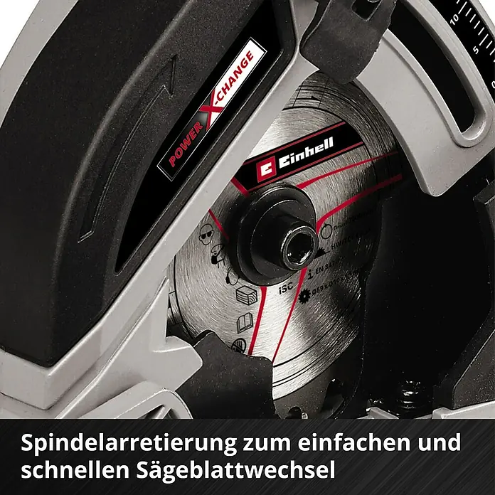 Einhell Power X-Change 18V Akku-Handkreissäge TE-CS 18/89Li-Solo - 18 V, Ohne Akku, Leerlaufdrehzahl: 0 U/min - 2.500 U/min - Detailaufnahme der Einhell Kreissäge mit Spindelarretierung für einen schnellen Sägeblattwechsel.