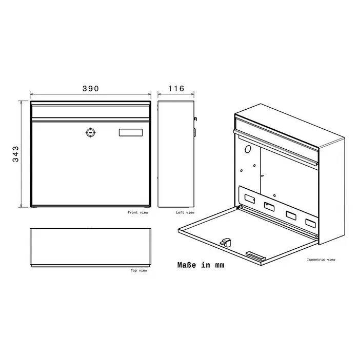 Metzler Wandbriefkasten BK212 - L x B x H: 11,6 x 39 x 34,3 cm, Anthrazit, Edelstahl, Posthaltebügel - Eine technische Zeichnung eines Briefkastens mit Seiten-, Vorder-, Draufsicht und isometrischer Ansicht, einschließlich der Abmessungen in Millimetern.